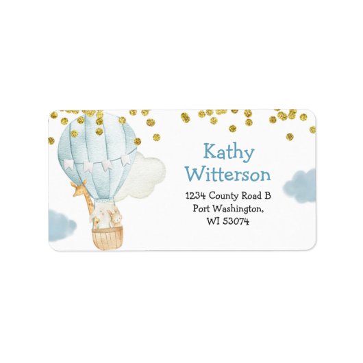 住所 シール熱気球動物のベビーシャワー ラベル (正面)