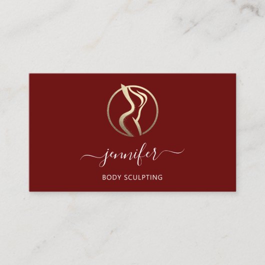 体シェイプ彫刻マッサージ金ゴールドロゴQRマルーン 名刺 (正面)