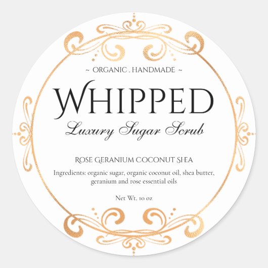 体バタースクラブ豪華な光沢のある金箔スワール ラウンドシール (正面)