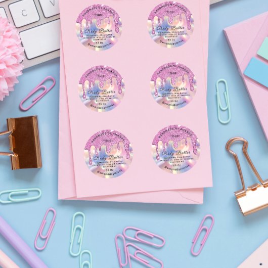 体バター包装ピンクドリップホログラフィック ラウンドシール
