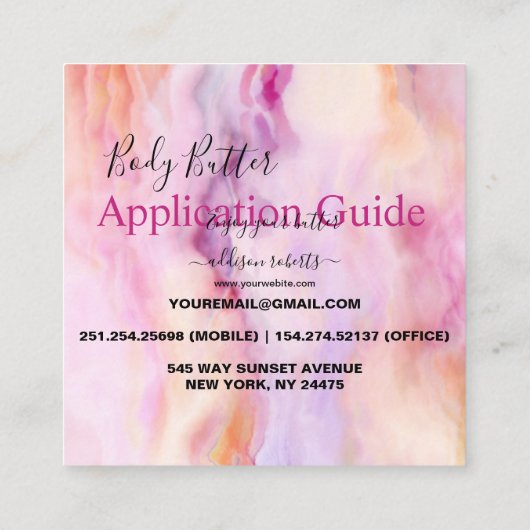 体バター塗布ピンク金ゴールド水色 スクエア名刺 (裏面)