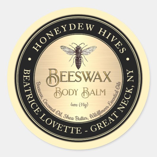 体バームラベルクイーンビーメタリック金ゴールドとブラック ラウンドシール (正面)