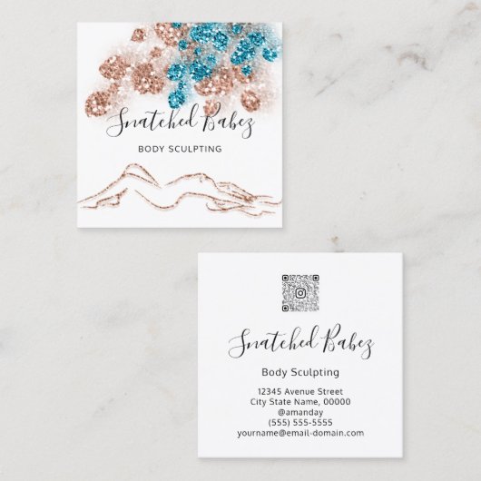 体ロゴマッサージ彫刻QRCODEバラティール（緑がかった色）ブルー スクエア名刺 (正面/裏面)