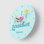 体操が大好きパーソナライズされたティール(緑がかった色)体操選手 ラウンド壁時計 (傾斜)