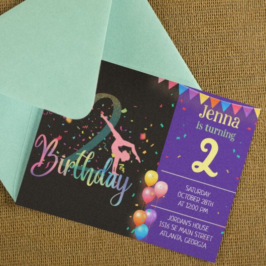 体操が得意なかわいい子供の誕生日パーティーのカラフルなカードです。 招待状