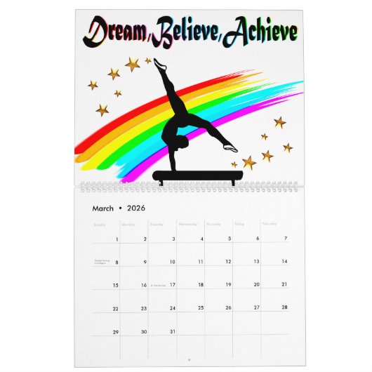 体操のカレ信じンダーを夢見て達成する カレンダー (3月 2026)