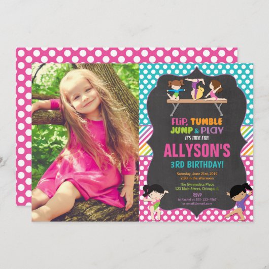 体操のタンブリングのパーティーの誕生会の写真 招待状 (正面/裏面)