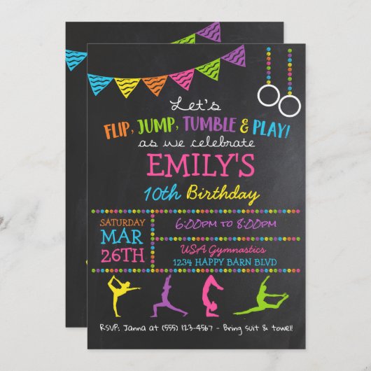 体操のバースデーパーティ招待状の体育専門家フリップ 招待状 (正面/裏面)