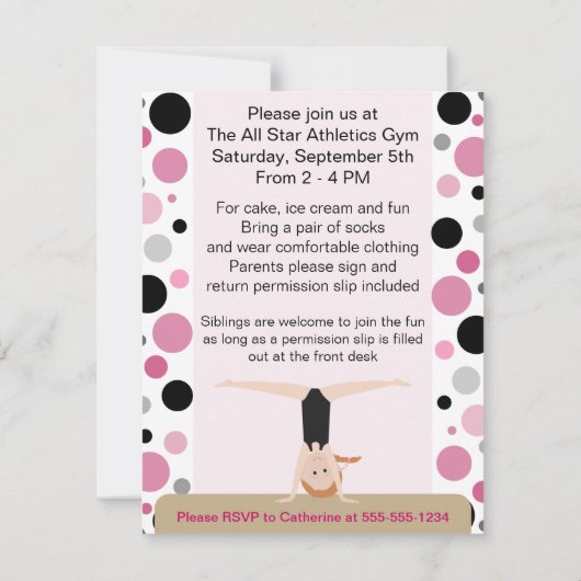 体操のパーティの招待状のピンク、灰色及び黒 招待状 (裏面)