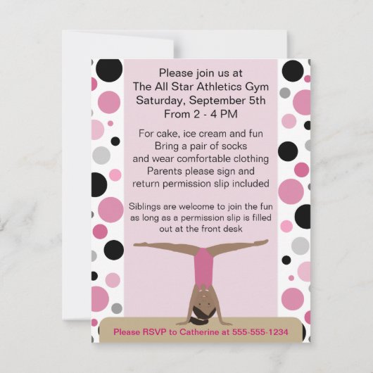 体操のパーティの招待状のピンク、灰色及び黒 招待状 (裏面)