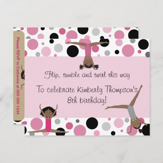 体操のパーティの招待状のピンク、灰色及び黒 招待状 (正面/裏面)