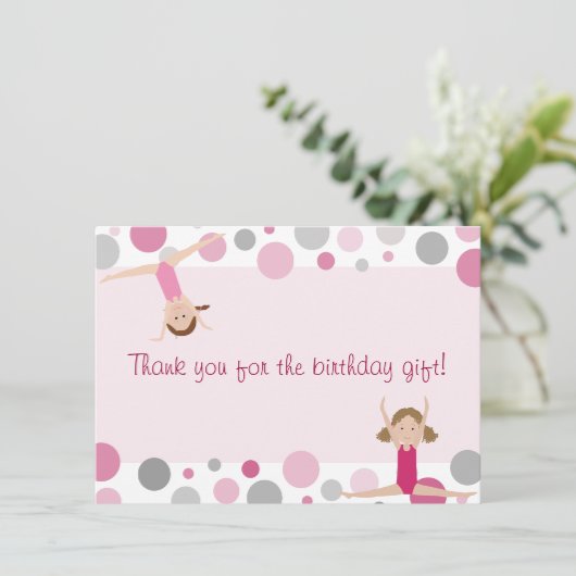 体操のパーティーの平たい箱はピンクおよび灰色の感謝していしています サンキューカード (スタンド正面)