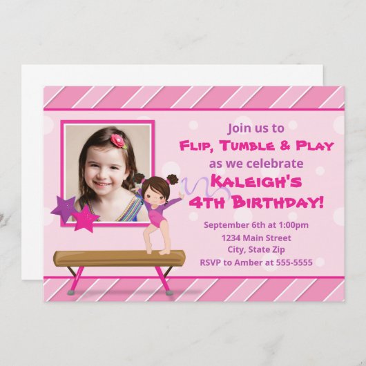 体操のパーティーの誕生日の招待状のブルネットの女の子 招待状 (正面/裏面)