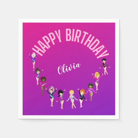 体操の友人"ハッピーバースデー"ピンクパープル スタンダードカクテルナプキン (正面)