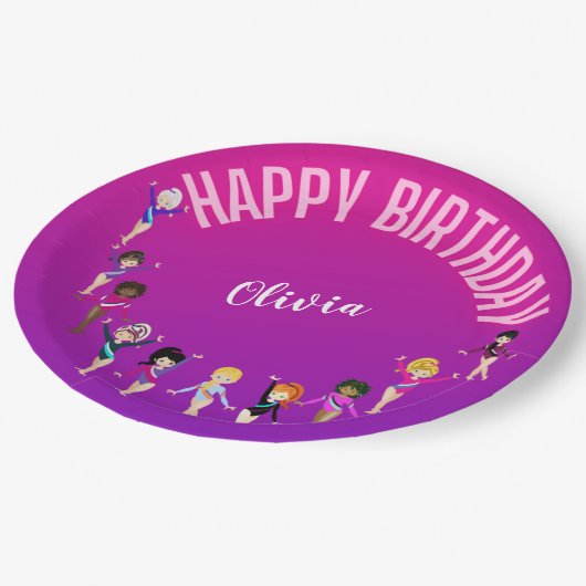 体操の友人"ハッピーバースデー"ピンクパープル ペーパープレート (アングル)