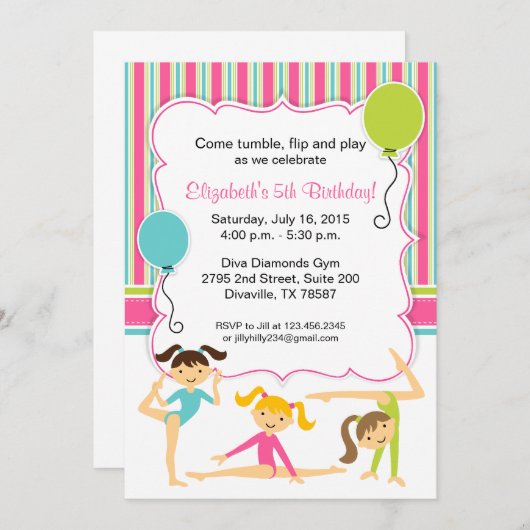 体操の女の子の誕生日のパーティの招待状 招待状 (正面/裏面)