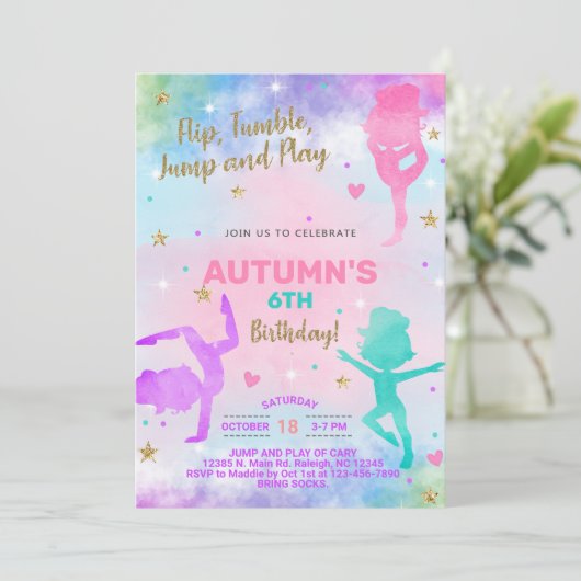 体操の女の子の誕生日の招待。招待 招待状 (スタンド正面)