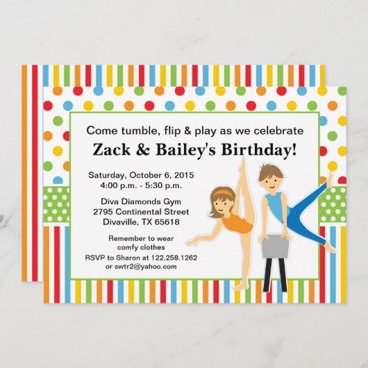 体操の男の子および女の子の誕生会 招待状 (正面/裏面)