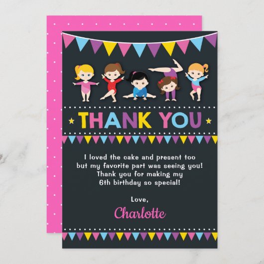 体操の誕生会のガーリーなピンクの体育館 サンキューカード (正面/裏面)