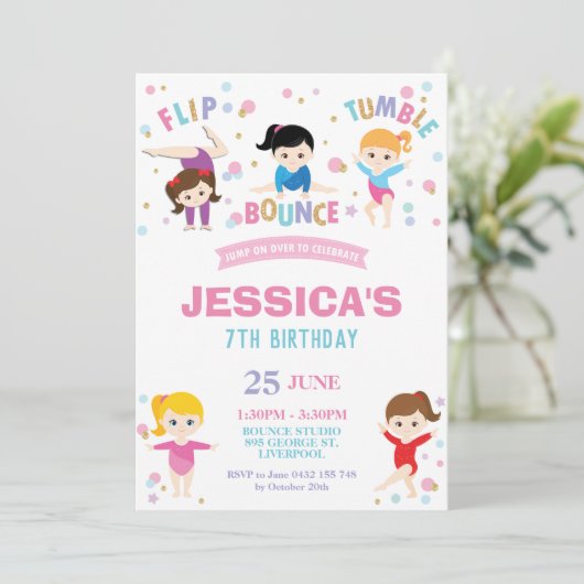 体操の誕生会のジャンプのダンスの女の子 招待状 (スタンド正面)