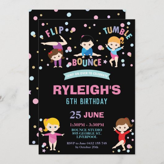 体操の誕生会のジャンプのダンスの女の子 招待状 (正面/裏面)