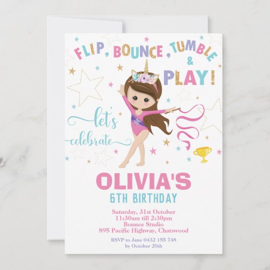 体操の誕生日のユニコーンの女の子の体操のパーティー 招待状 (正面)