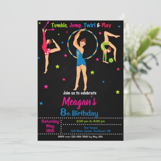 体操の誕生日の招待ガールタンブリングパーティー 招待状 (スタンド正面)