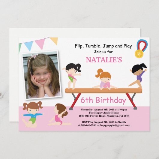 体操の誕生日の招待状のピンクの体育館のパーティー 招待状 (正面/裏面)