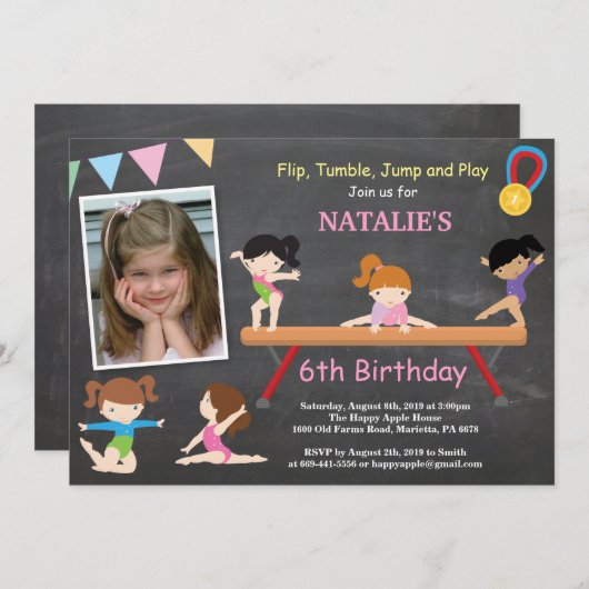 体操の誕生日の招待状のピンクの体育館のパーティー 招待状 (正面/裏面)