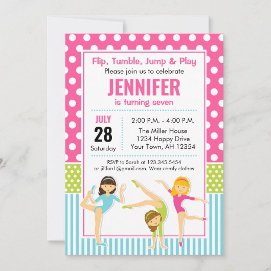 体操の誕生日の招待状の女の子のパーティー 招待状 (正面)