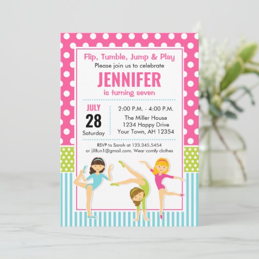 体操の誕生日の招待状の女の子のパーティー 招待状 (スタンド正面)