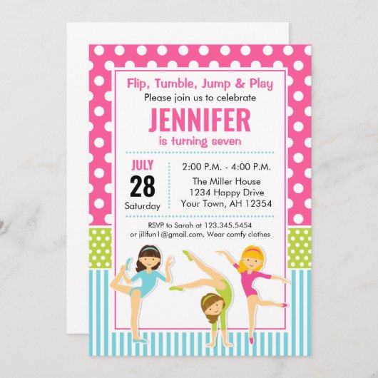 体操の誕生日の招待状の女の子のパーティー 招待状 (正面/裏面)