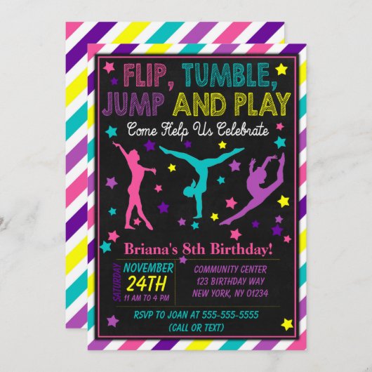 体操の誕生日パーティーで女の子を招待 招待状 (正面/裏面)