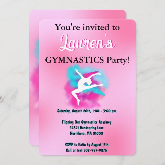 体操の誕生日パーティーの女児への招待 招待状 (正面/裏面)