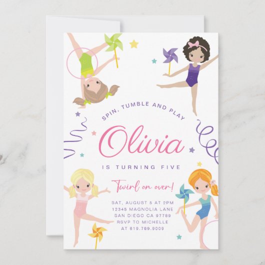 体操の誕生日パーティーへの招待・ Pinwheels 招待状 (正面)