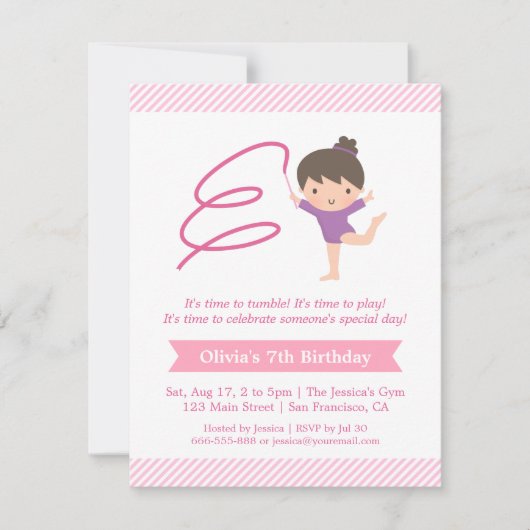 体操をする女の子とリボンのキッズ誕生日パーティー 招待状 (正面)