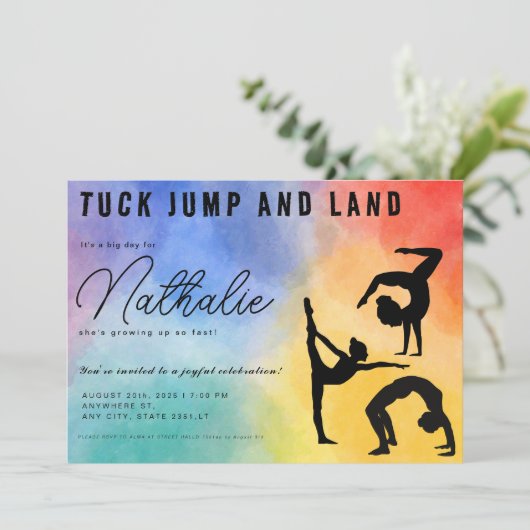 体操カラフル女の子の誕生日パーティーへの招待 招待状 (スタンド正面)