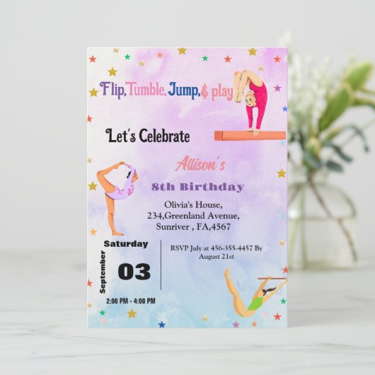 体操カートホイール女の子の誕生日パーティー 招待状 (スタンド正面)