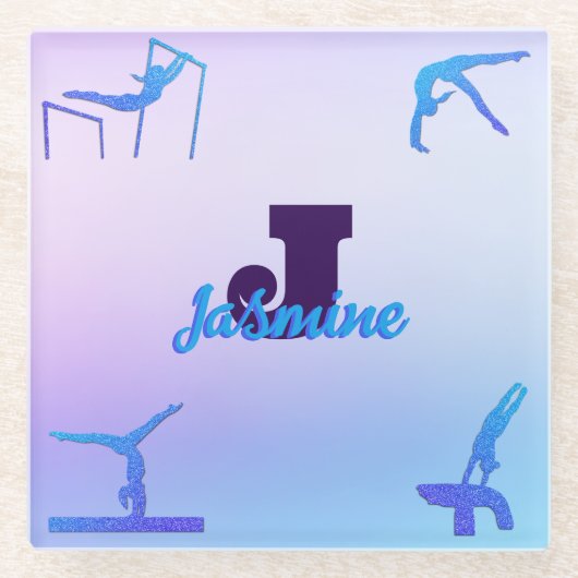 体操ガーリーブルーパープルモノグラムパーソナライズされた ガラスコースター (正面)