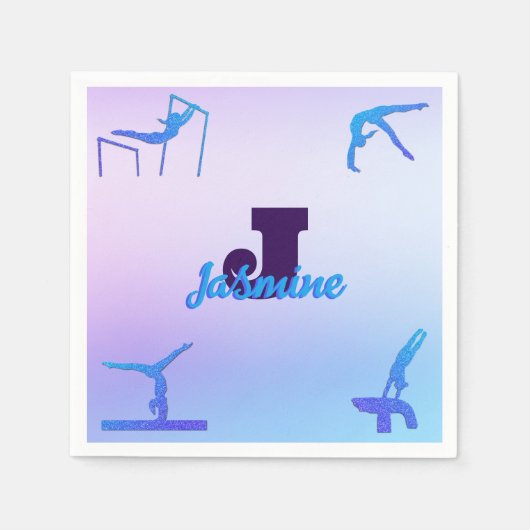 体操ガーリーブルーパープルモノグラムパーソナライズされた スタンダードカクテルナプキン (正面)