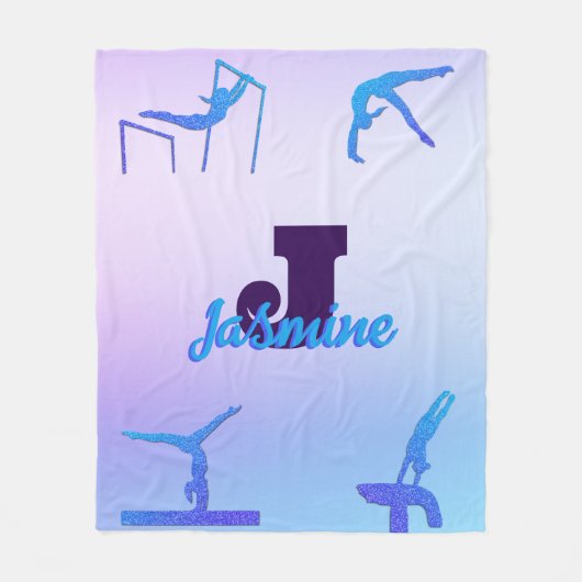 体操ガーリーブルーパープルモノグラムパーソナライズされた フリースブランケット (正面)