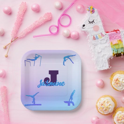 体操ガーリーブルーパープルモノグラムパーソナライズされた ペーパープレート (パーティー)