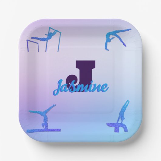 体操ガーリーブルーパープルモノグラムパーソナライズされた ペーパープレート (正面)