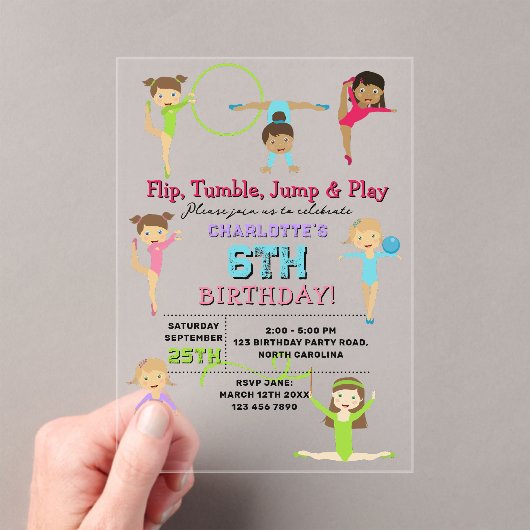 体操キッズガールバースデーパーティーテーマ アクリル招待状 (インサイチュ (ポータブル))