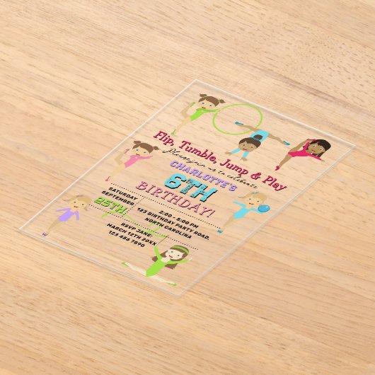 体操キッズガールバースデーパーティーテーマ アクリル招待状 (レイダウン)