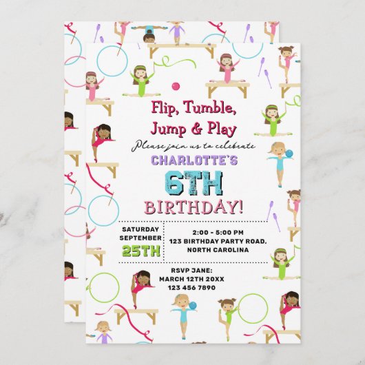 体操キッズガールバースデーパーティーテーマ 招待状 (正面/裏面)