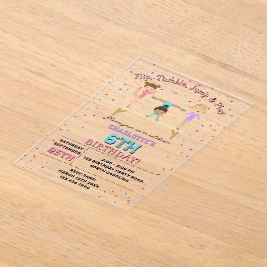 体操キッズガールバースデーパーティーテーマ 澄ん アクリル招待状 (レイダウン)