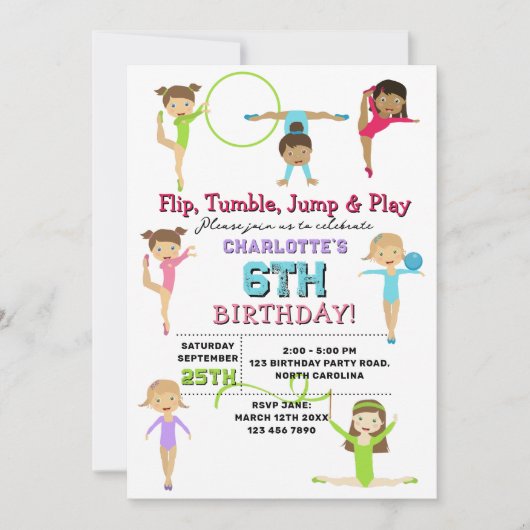 体操キッズガール誕生日パーティーテーマ 招待状 (正面)