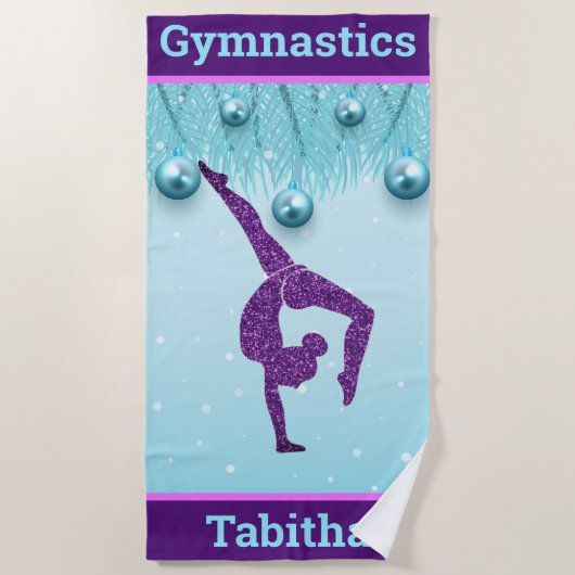 体操クリスマスパープルアクアパーソナライズされた ビーチタオル (正面)