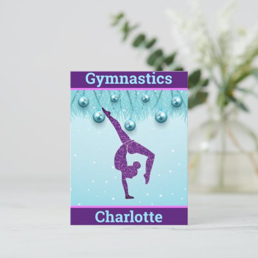 体操クリスマスパープルアクアパーソナライズされた ポストカード (スタンド正面)